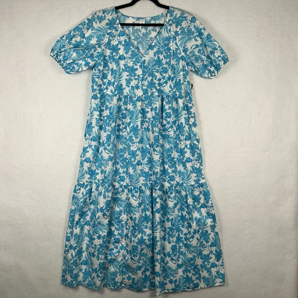 Peyton & Parker Aruba Floral Dress Layered Blue Puff Sleeve Maxi Sun Dress Sz L - Picture 2 of 10